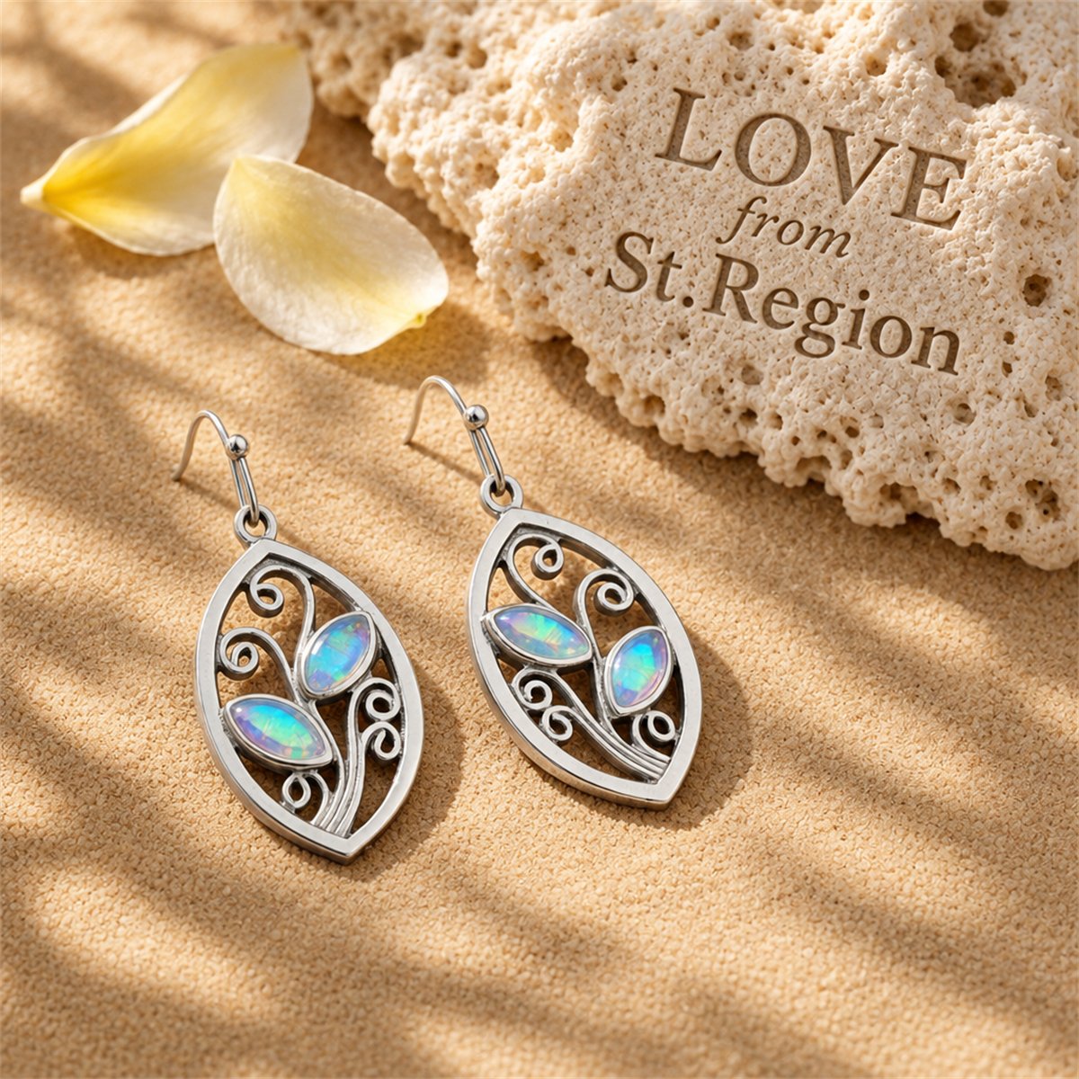 Moonstone and Silver-Plated Botany Dangle Earrings, silver drop earrings for women, vintage-inspired design, lifestyle look