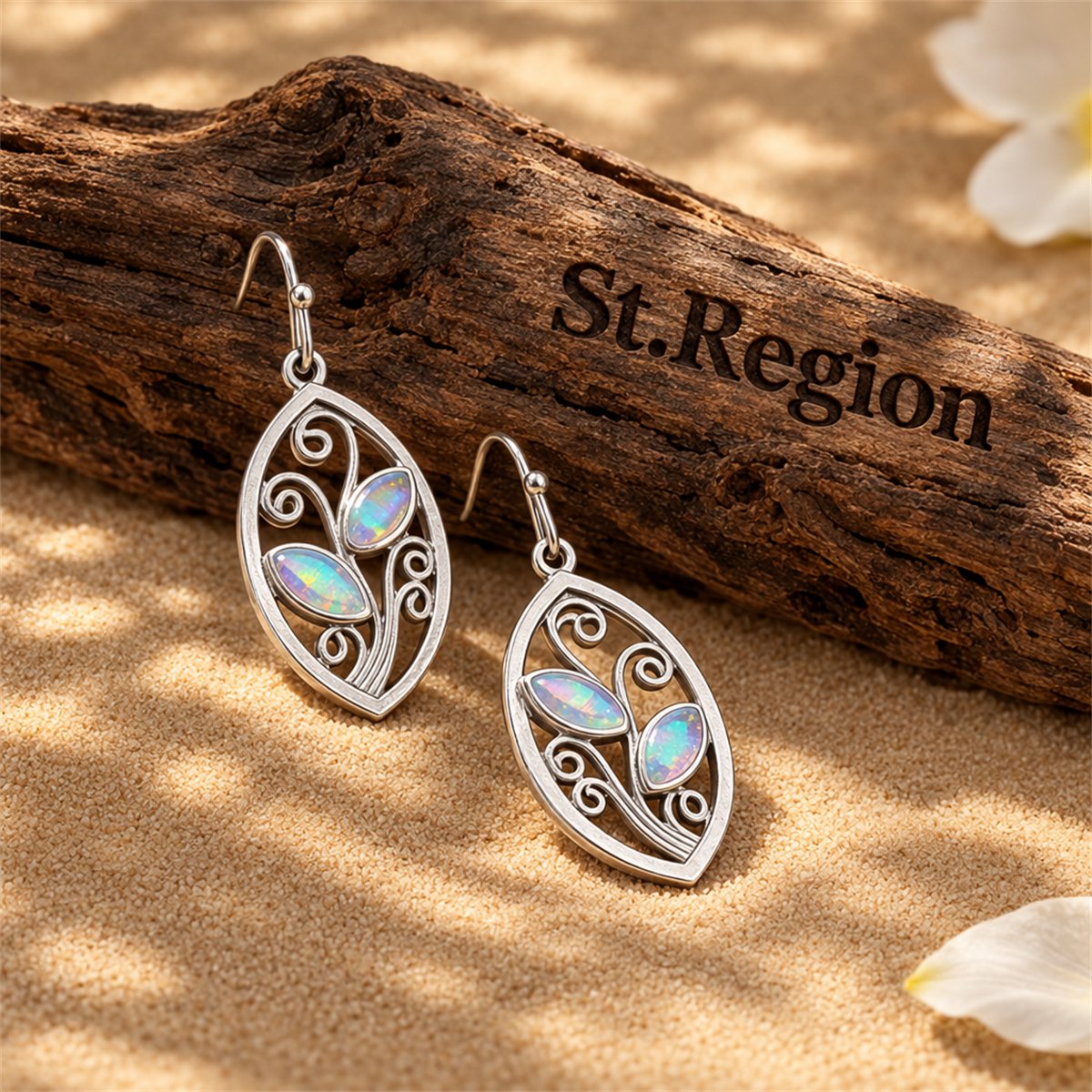 Moonstone and Silver-Plated Botany Dangle Earrings, silver drop earrings for women, vintage-inspired design, front view