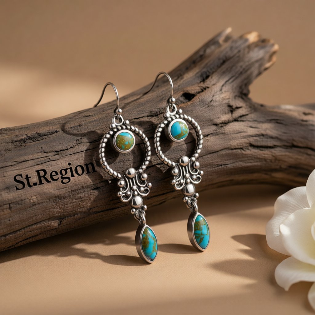 Turquoise and Silver-Plated Open Circle Drop Earrings, silver drop earrings for women, botanical inspired, front view