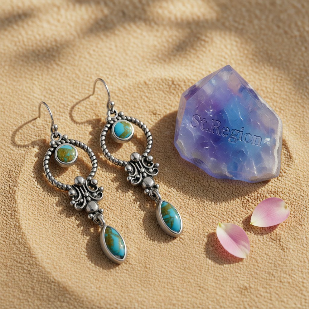 Turquoise and Silver-Plated Open Circle Drop Earrings, silver drop earrings for women, botanical inspired, detail close-up
