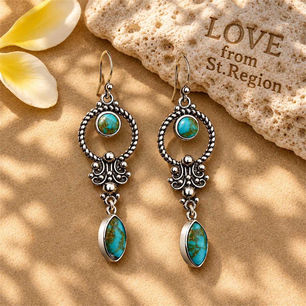 Turquoise and Silver-Plated Open Circle Drop Earrings, silver drop earrings for women, botanical inspired, lifestyle look