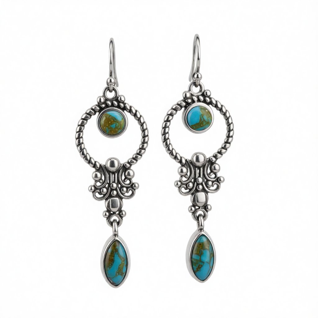 Turquoise and Silver-Plated Open Circle Drop Earrings, silver drop earrings for women, botanical inspired, side view
