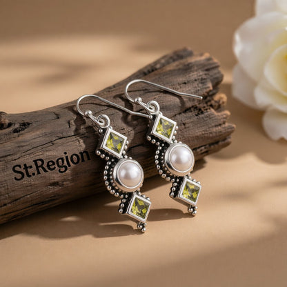 Green Crystal and Pearl Square Drop Earrings, drop earrings for women, vintage-inspired design, front view