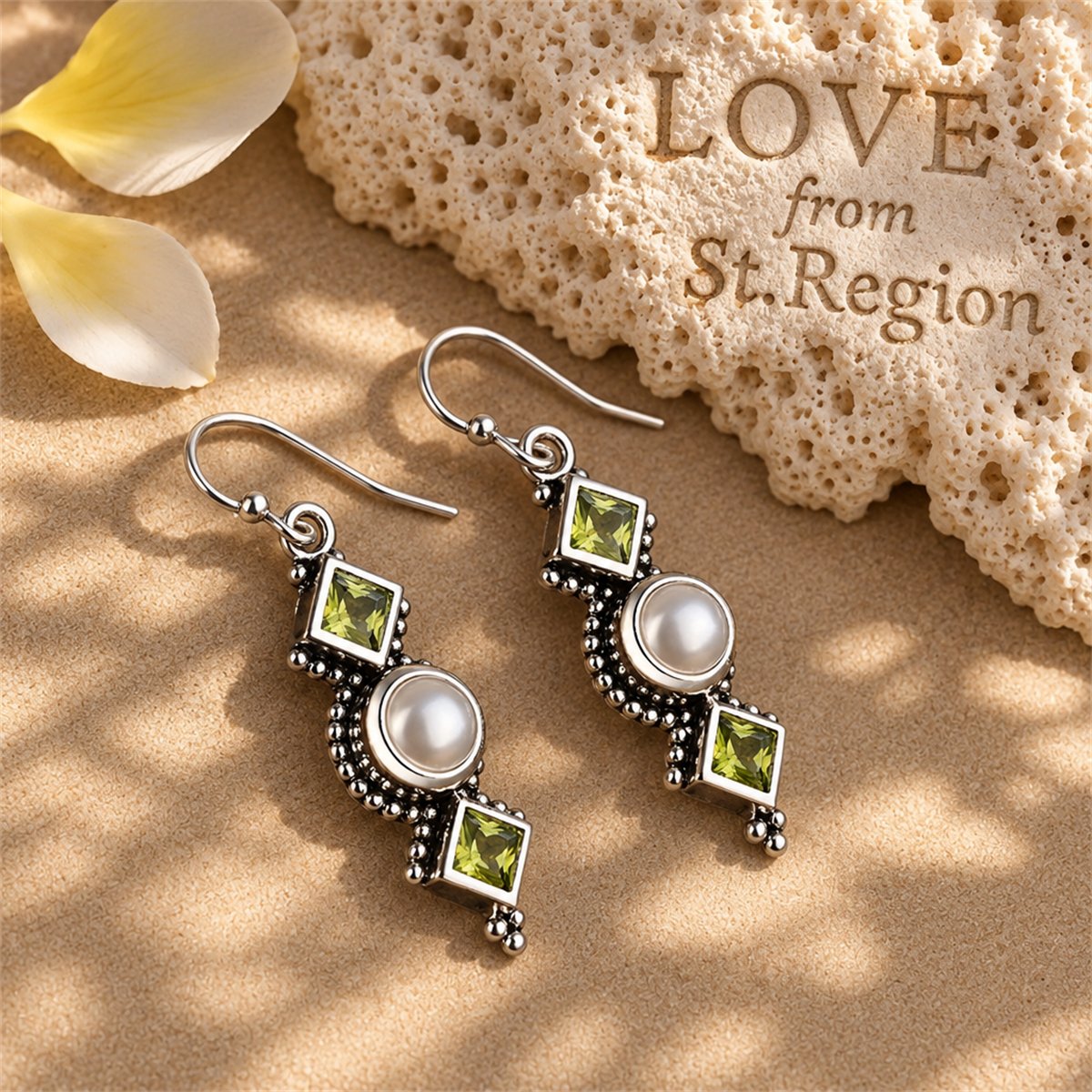 Green Crystal and Pearl Square Drop Earrings, drop earrings for women, vintage-inspired design, lifestyle look
