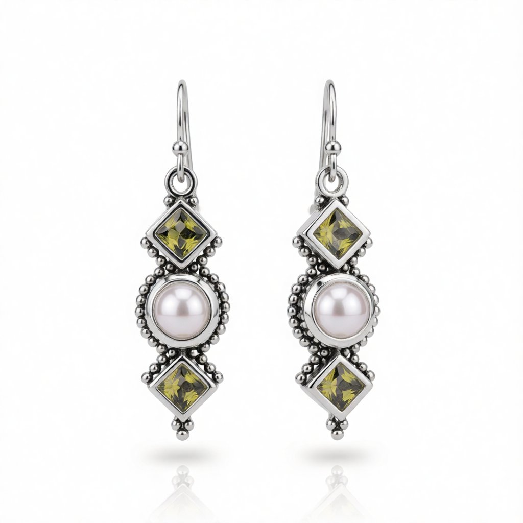 Green Crystal and Pearl Square Drop Earrings, drop earrings for women, vintage-inspired design, side view