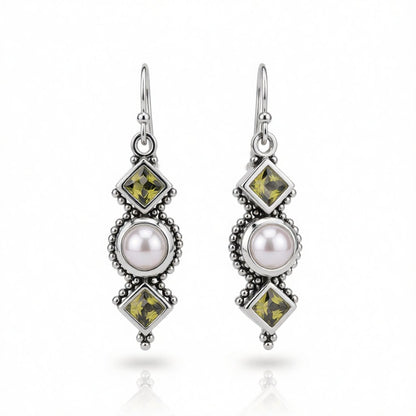 Green Crystal and Pearl Square Drop Earrings, drop earrings for women, vintage-inspired design, side view