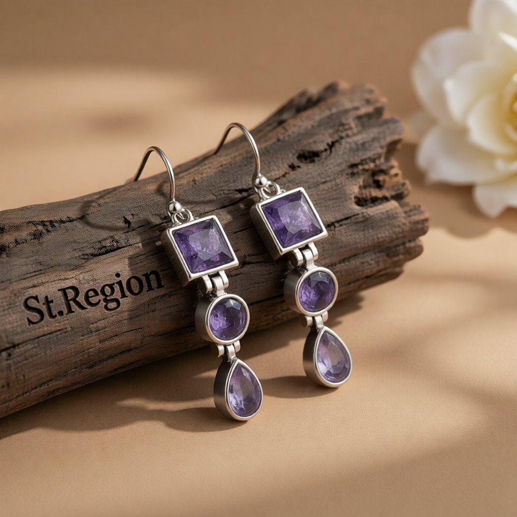 Purple Crystal and Silver-Plated Tri-Layer Drop Earrings, silver drop earrings for women, botanical inspired, front view