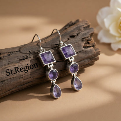 Purple Crystal and Silver-Plated Tri-Layer Drop Earrings, silver drop earrings for women, botanical inspired, front view