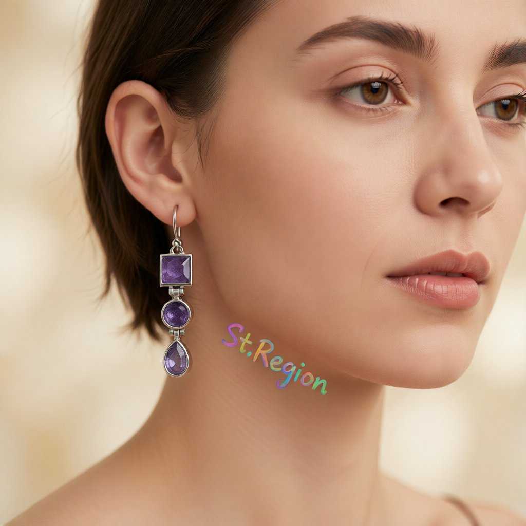Purple Crystal and Silver-Plated Tri-Layer Drop Earrings, silver drop earrings for women, botanical inspired, styled look