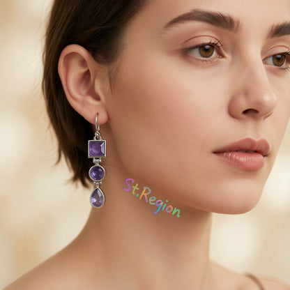 Purple Crystal and Silver-Plated Tri-Layer Drop Earrings, silver drop earrings for women, botanical inspired, styled look