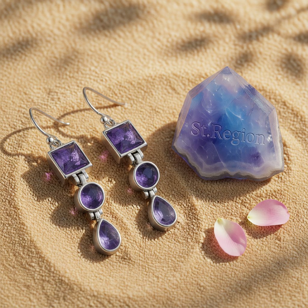 Purple Crystal and Silver-Plated Tri-Layer Drop Earrings, silver drop earrings for women, botanical inspired, detail close-up