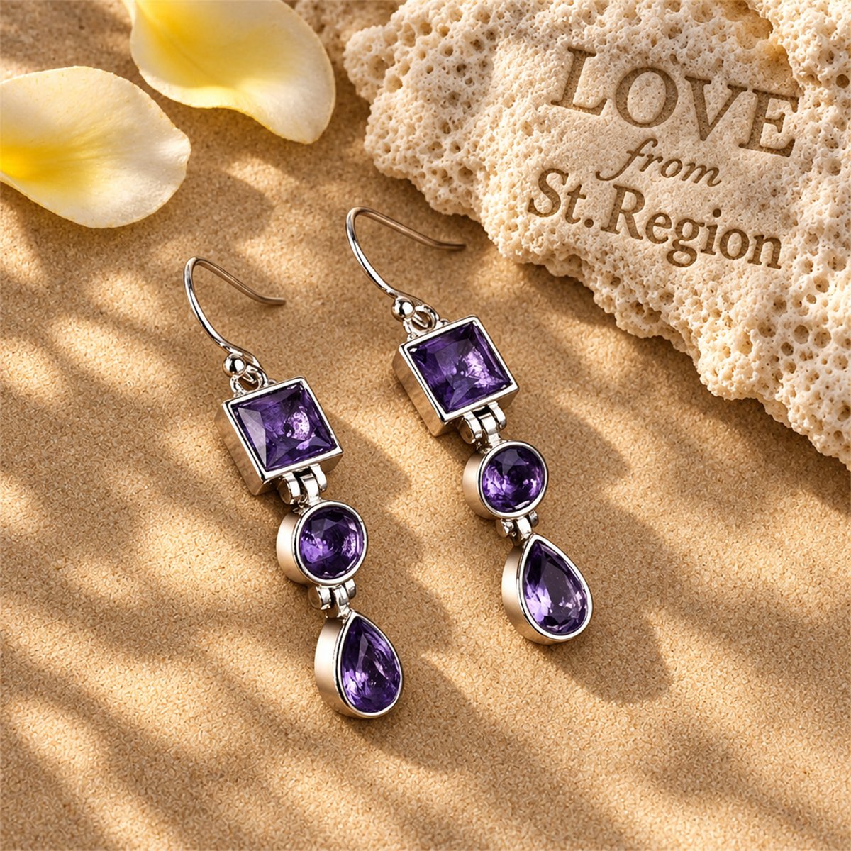 Purple Crystal and Silver-Plated Tri-Layer Drop Earrings, silver drop earrings for women, botanical inspired, lifestyle look