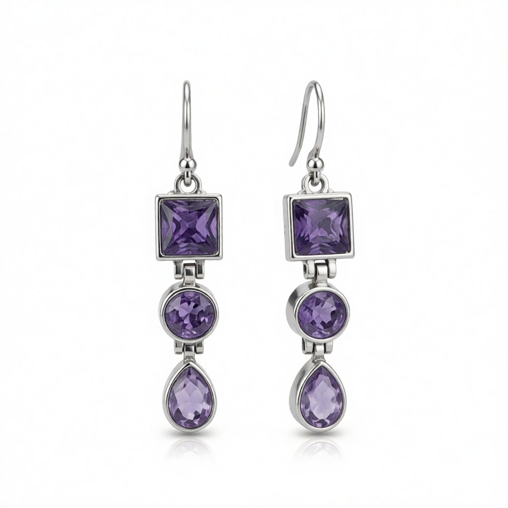 Purple Crystal and Silver-Plated Tri-Layer Drop Earrings, silver drop earrings for women, botanical inspired, side view