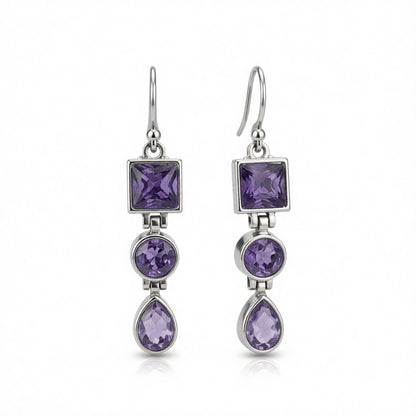 Purple Crystal and Silver-Plated Tri-Layer Drop Earrings, silver drop earrings for women, botanical inspired, side view