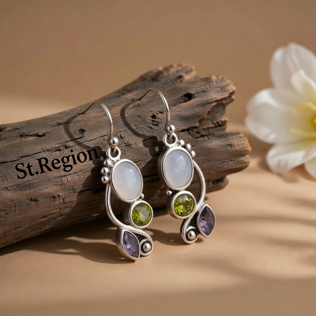 Cat's Eye and Crystal Silver-Plated Vine Drop Earrings, silver drop earrings for women, elegant gift for her, front view