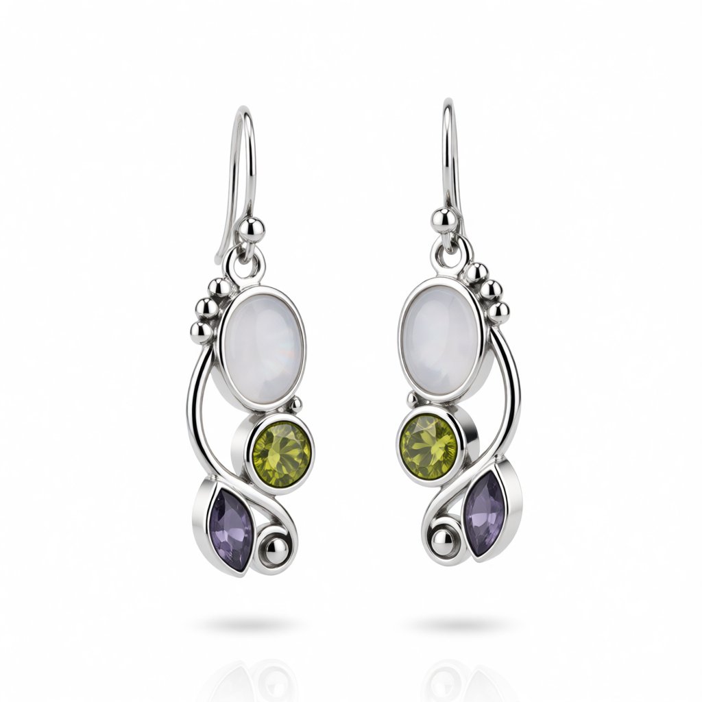 Cat's Eye and Crystal Silver-Plated Vine Drop Earrings, silver drop earrings for women, elegant gift for her, side view