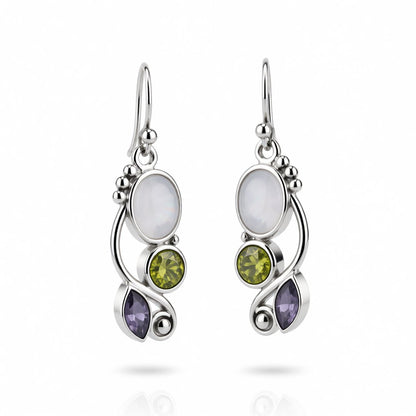 Cat's Eye and Crystal Silver-Plated Vine Drop Earrings, silver drop earrings for women, elegant gift for her, side view