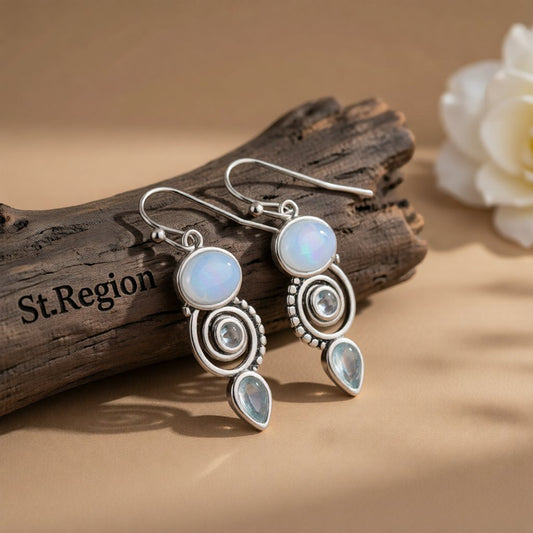 Blue Moonstone and Crystal Silver-Plated Swirl Drop Earrings, silver drop earrings for women, front view