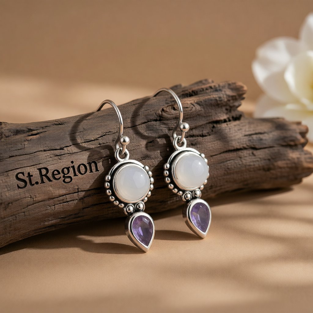 Cat's Eye and Crystal Silver-Plated Pear Cut Drop Earrings, silver drop earrings for women, front view