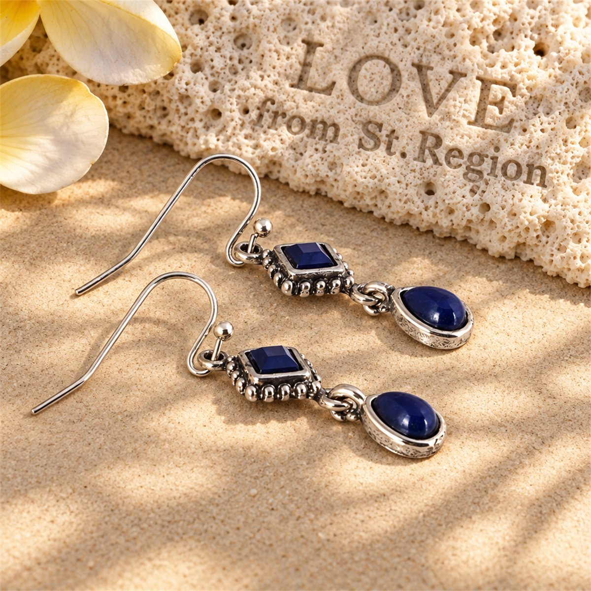 Dark Blue Crystal and Silver-Plated Princess Drop Earrings, silver drop earrings for women, everyday style, lifestyle look