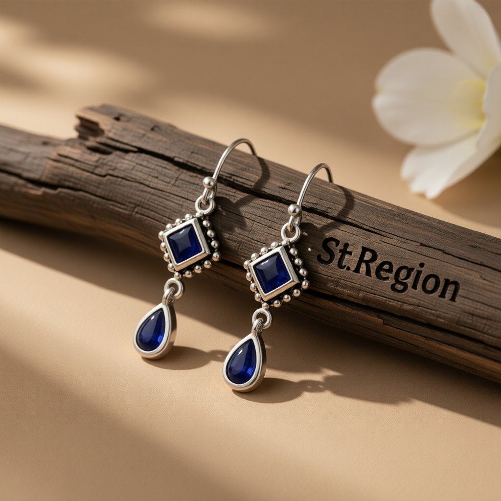 Dark Blue Crystal and Silver-Plated Princess Drop Earrings, silver drop earrings for women, everyday style, front view