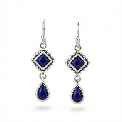 Dark Blue Crystal and Silver-Plated Princess Drop Earrings, silver drop earrings for women, everyday style, side view