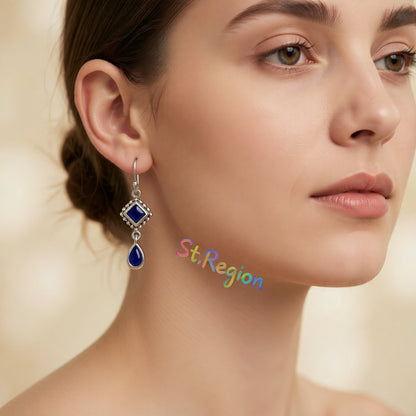 Dark Blue Crystal and Silver-Plated Princess Drop Earrings, silver drop earrings for women, everyday style, styled look