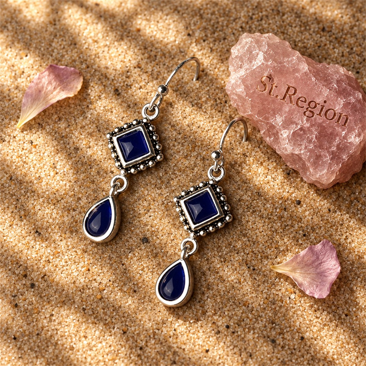 Dark Blue Crystal and Silver-Plated Princess Drop Earrings, silver drop earrings for women, everyday style, detail close-up