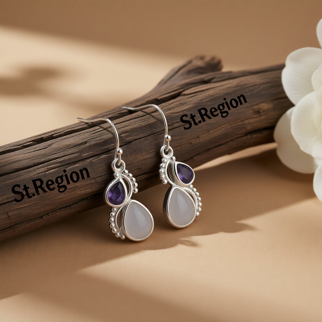 Purple Crystal and Cat's Eye Silver-Plated Pear-Cut Textured Drop Earrings, silver drop earrings for women, front view