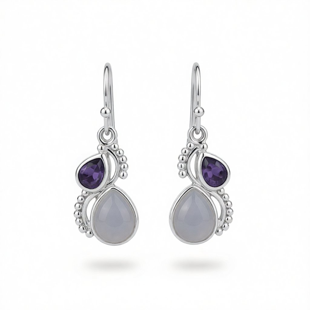 Purple Crystal and Cat's Eye Silver-Plated Pear-Cut Textured Drop Earrings, silver drop earrings for women, side view