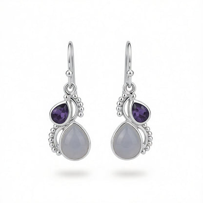 Purple Crystal and Cat's Eye Silver-Plated Pear-Cut Textured Drop Earrings, silver drop earrings for women, side view