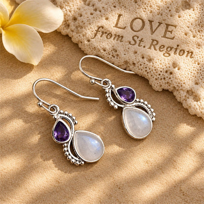 Purple Crystal and Cat's Eye Silver-Plated Pear-Cut Textured Drop Earrings, silver drop earrings for women, lifestyle look