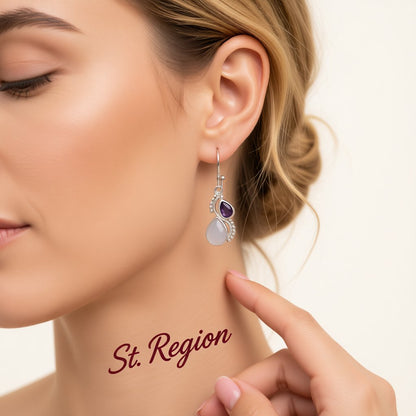 Purple Crystal and Cat's Eye Silver-Plated Pear-Cut Textured Drop Earrings, silver drop earrings for women, styled look