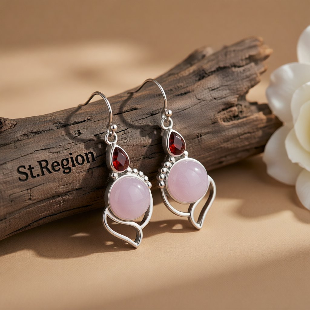 Pink Cat's Eye and Red Crystal Silver-Plated Drop Earrings, silver drop earrings for women, front view