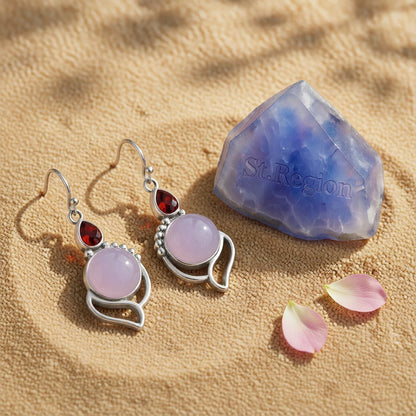 Pink Cat's Eye and Red Crystal Silver-Plated Drop Earrings, silver drop earrings for women, detail close-up