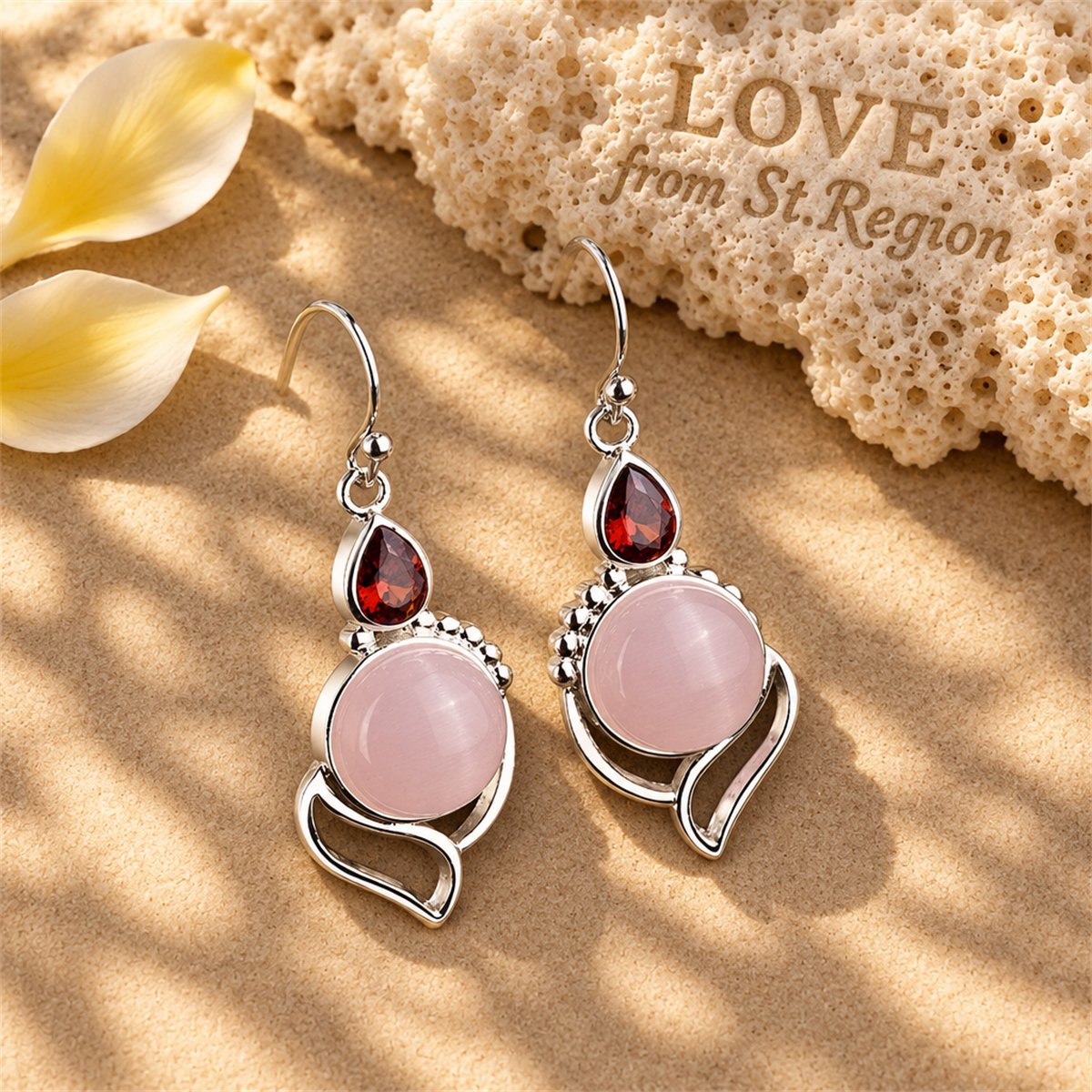 Pink Cat's Eye and Red Crystal Silver-Plated Drop Earrings, silver drop earrings for women, lifestyle look