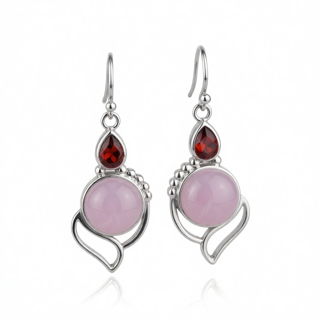 Pink Cat's Eye and Red Crystal Silver-Plated Drop Earrings, silver drop earrings for women, side view