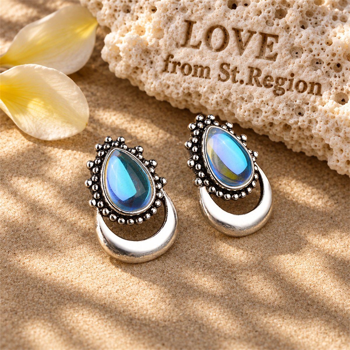 Iridescent Opal and Silver-Plated Pear Cut Stud Earrings, silver stud earrings for women, lifestyle look