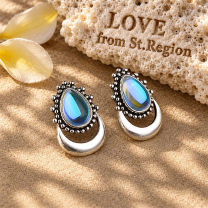 Iridescent Opal and Silver-Plated Pear Cut Stud Earrings, silver stud earrings for women, lifestyle look