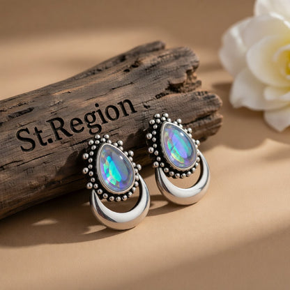 Iridescent Opal and Silver-Plated Pear Cut Stud Earrings, silver stud earrings for women, vintage-inspired design, front view