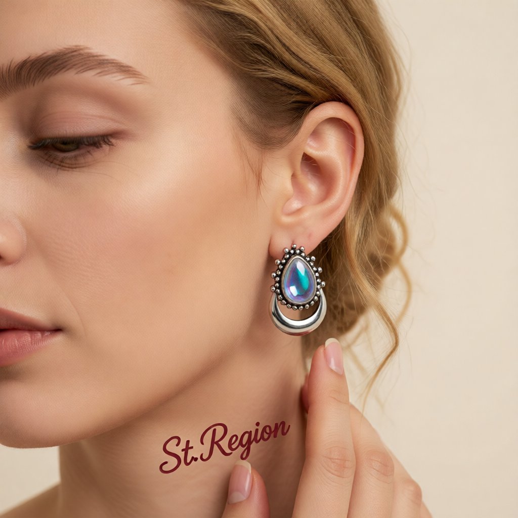 Iridescent Opal and Silver-Plated Pear Cut Stud Earrings, silver stud earrings for women, styled look