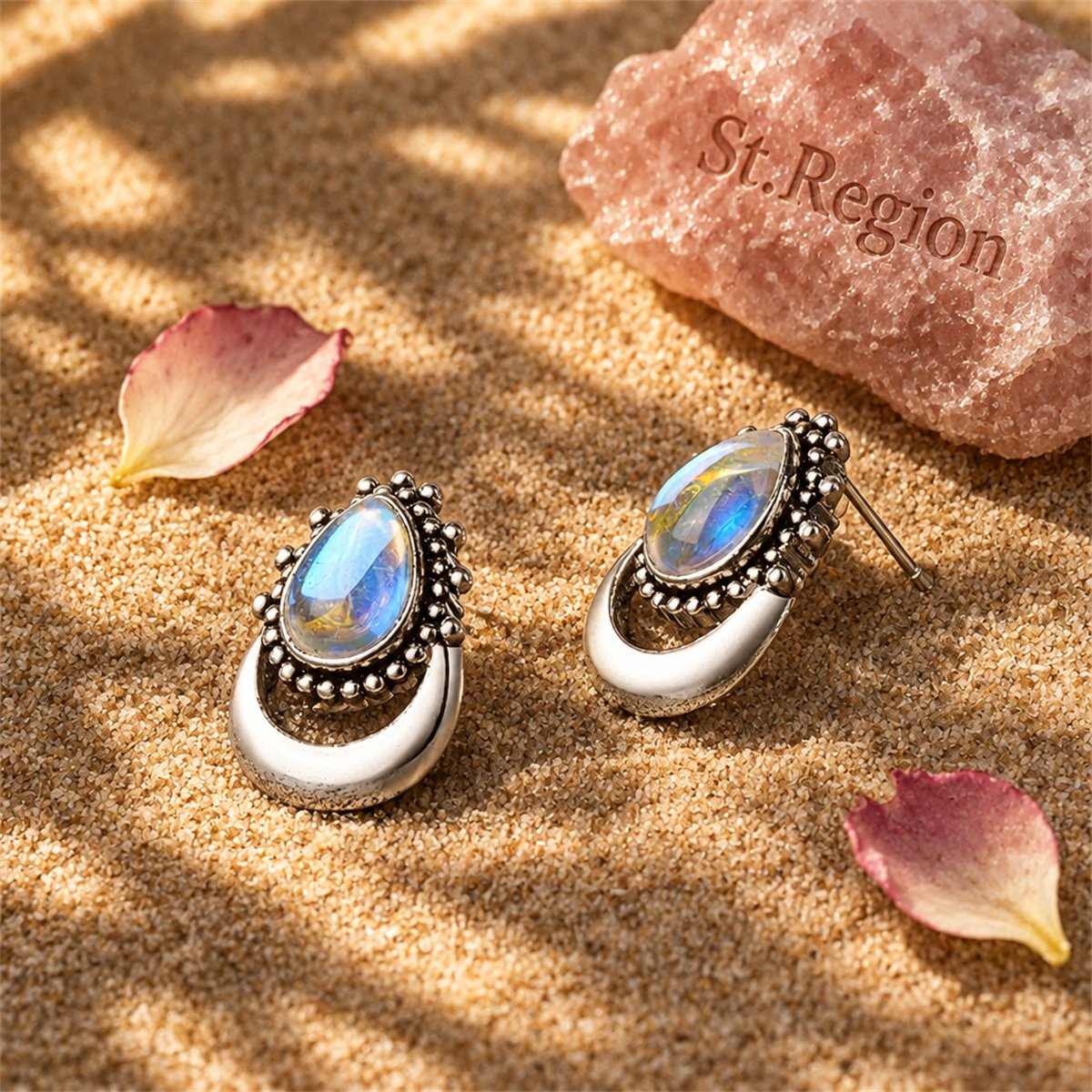Iridescent Opal and Silver-Plated Pear Cut Stud Earrings, silver stud earrings for women, detail close-up
