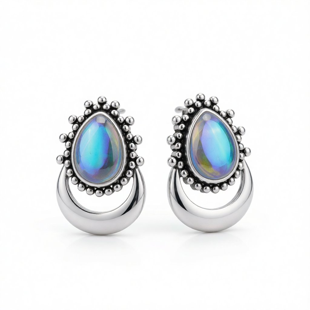 Iridescent Opal and Silver-Plated Pear Cut Stud Earrings, silver stud earrings for women, vintage-inspired design, side view