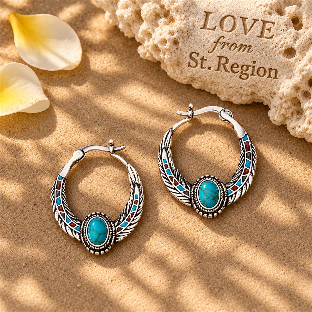 Turquoise and Silver-Plated Feather Hoop Earrings, silver hoop earrings for women, dainty minimalist design, lifestyle look