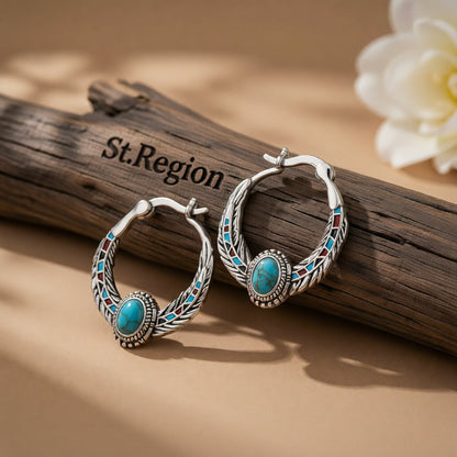 Turquoise and Silver-Plated Feather Hoop Earrings, silver hoop earrings for women, dainty minimalist design, front view