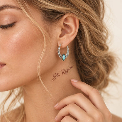 Turquoise and Silver-Plated Feather Hoop Earrings, silver hoop earrings for women, dainty minimalist design, styled look