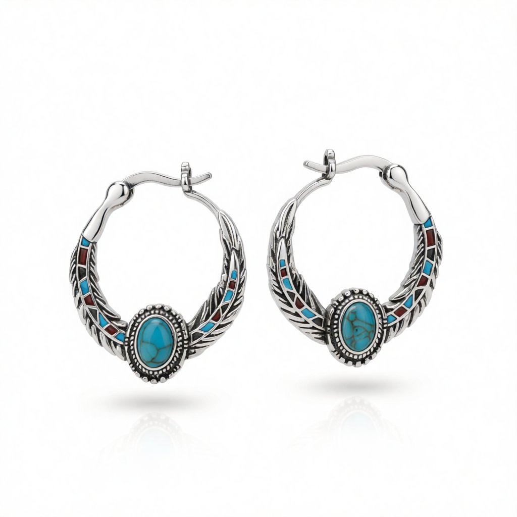 Turquoise and Silver-Plated Feather Hoop Earrings, silver hoop earrings for women, dainty minimalist design, side view