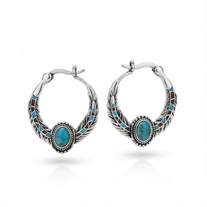 Turquoise and Silver-Plated Feather Hoop Earrings, silver hoop earrings for women, dainty minimalist design, side view