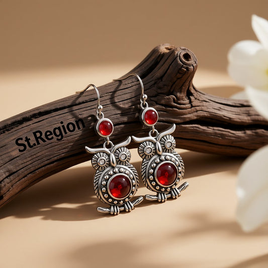 Red Crystal and Silver-Plated Owl Drop Earrings, silver drop earrings for women, elegant gift for her, front view