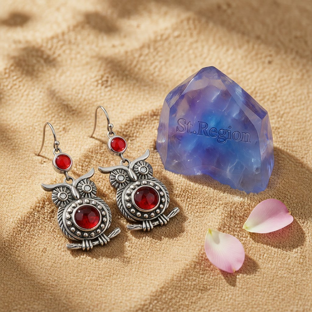 Red Crystal and Silver-Plated Owl Drop Earrings, silver drop earrings for women, elegant gift for her, detail close-up